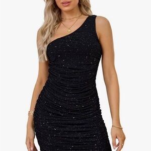 One-Shoulder Black Glitter Ruched Dress